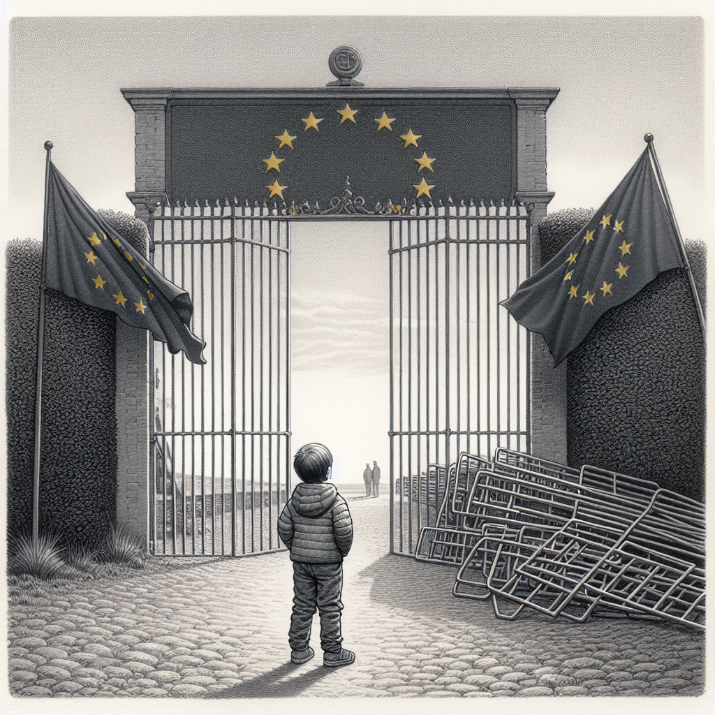 איור של ילד עומד מול שער פתוח עם דגלי האיחוד האירופי מסביב.