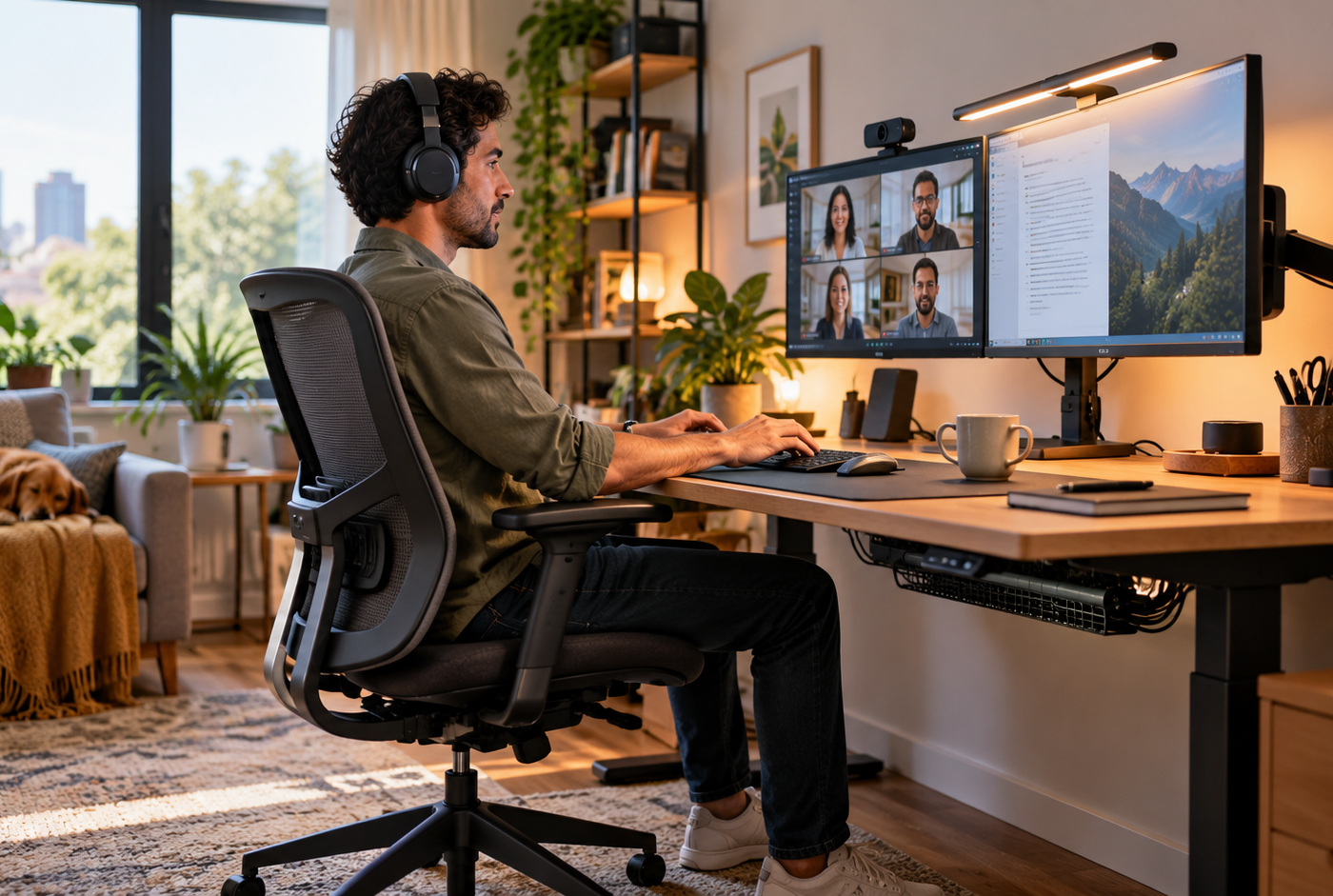עמדת עבודה ביתית מסודרת עם כיסא, מסכים, תאורה וכבלים